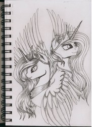 Size: 2400x3304 | Tagged: safe, artist:alicekvartersson, princess celestia, princess luna, alicorn, pony, g4, duo, high res, monochrome, traditional art