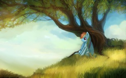 Size: 2000x1250 | Tagged: safe, artist:alicekvartersson, rainbow dash, pegasus, pony, g4, female, solo, tree, under the tree