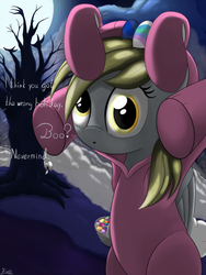 Size: 1200x1600 | Tagged: safe, artist:irregular-entity, derpy hooves, pegasus, pony, rabbit, g4, basket, bunny costume, clothes, cute, derpabetes, easter, easter egg, female, mare, moon, night, solo