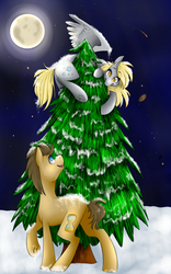 Size: 2500x4000 | Tagged: safe, artist:silenceartist, derpy hooves, doctor whooves, time turner, pegasus, pony, g4, female, male, mare, moon, night, ship:doctorderpy, shipping, snow, straight, tree