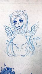 Size: 540x960 | Tagged: safe, artist:zhu skin, fluttershy, human, g4, breasts, busty fluttershy, clothes, eared humanization, female, humanized, monochrome, pixiv, solo, sweatershy, traditional art, winged humanization