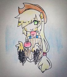 Size: 552x640 | Tagged: safe, artist:zhu skin, applejack, human, g4, eared humanization, female, humanized, pixiv, solo, traditional art