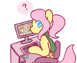 Size: 639x526 | Tagged: safe, artist:milkwolf, fluttershy, corgi, dog, g4, alternate hairstyle, ask-friendlyshy, chair, clothes, computer, corgi orgy, female, looking back, ponytail, question mark, scarf, simple background, sitting, solo, speech bubble