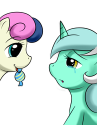 Size: 700x900 | Tagged: safe, artist:kloudmutt, bon bon, lyra heartstrings, sweetie drops, g4, crying, filly, mouth hold, younger