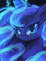Size: 1440x1920 | Tagged: safe, artist:lumineko, princess luna, pony, g4, female, looking at you, mare, pixiv, portrait, smiling, solo, three quarter view