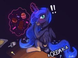 Size: 1920x1440 | Tagged: safe, artist:lumineko, princess luna, alicorn, pony, g4, 30 minute art challenge, alicorn metabolism, blushing, candy, caught, cheek bulge, eating, female, food, levitation, lollipop, magic, mare, messy, pixiv, solo, stuffing, this will end in weight gain
