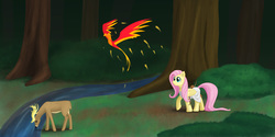 Size: 1500x750 | Tagged: safe, artist:xephire, fluttershy, philomena, deer, pegasus, phoenix, pony, g4, bow, clothes, weapon