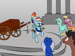 Size: 1200x896 | Tagged: safe, artist:lunarapologist, lily, lily valley, lyra heartstrings, rainbow dash, oc, pegasus, pony, g4, alexander the great, armor, cart, clothes, female, gordian knot, greek, greek clothes, greek helmet, helmet, history, macedonia, macedonian, male, mare, mouth hold, stallion, sword, the horror, weapon