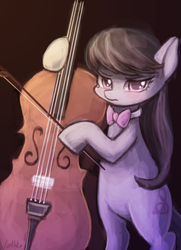 Size: 650x900 | Tagged: safe, artist:lumineko, octavia melody, earth pony, pony, g4, bipedal, cello, female, looking at you, musical instrument, pixiv, solo