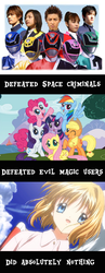 Size: 504x1300 | Tagged: safe, applejack, fluttershy, pinkie pie, rainbow dash, rarity, twilight sparkle, g4, air, anime, image macro, mane six, meme, misuzu kamio, op is a duck, op is trying to start shit, super sentai, tokusou sentai dekaranger