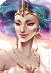 Size: 872x1240 | Tagged: safe, artist:ddhew, princess celestia, human, g4, clothes, crown, dress, earring, female, humanized, necklace, portrait, solo