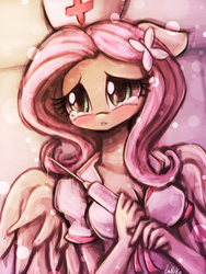 Size: 1440x1920 | Tagged: safe, artist:lumineko, fluttershy, anthro, g4, blushing, cleavage, crying, female, floppy ears, lip bite, nurse, pixiv, sad, solo, syringe