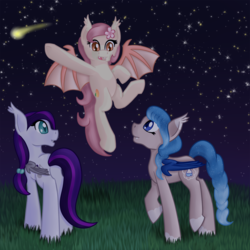 Size: 800x800 | Tagged: safe, artist:timid tracks, oc, oc only, oc:glimmer palette, oc:peach blossom, oc:sweet hum, bat pony, pony, floating, flying, night, shooting star, starry night, stars