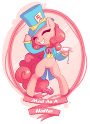 Size: 718x984 | Tagged: safe, artist:sambragg, pinkie pie, pony, g4, alice in wonderland, bipedal, clothes, crossover, female, happy, hat, mad hatter, smiling, solo, tea, top hat