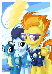 Size: 868x1228 | Tagged: safe, artist:mysticalpha, fleetfoot, soarin', spitfire, pegasus, pony, g4, clothes, female, glasses, goggles, looking at you, male, mare, necktie, poster, shirt, smiling, stallion, wonderbolts, wonderbolts dress uniform, wonderbolts uniform