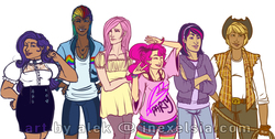 Size: 1194x600 | Tagged: safe, artist:alekinexelsis, applejack, fluttershy, pinkie pie, rainbow dash, rarity, twilight sparkle, human, g4, dark skin, diversity, humanized, mane six, transgender