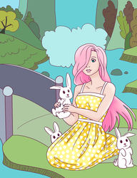 Size: 564x734 | Tagged: safe, artist:mitsukikouyama, fluttershy, human, rabbit, g4, clothes, dress, humanized