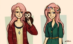 Size: 1008x611 | Tagged: safe, artist:nilii, fluttershy, human, owl, g4, clothes, humanized, sweater, sweatershy