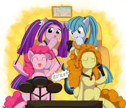 Size: 1400x1200 | Tagged: safe, artist:keterok, adagio dazzle, aria blaze, pinkie pie, sonata dusk, pony, equestria girls, g4, my little pony equestria girls: rainbow rocks, drums, equestria girls ponified, eyes closed, guitar, guitar hero, mount monument, mount rushmore, musical instrument, open mouth, picture, ponified, rhythm game, rock band, the dazzlings, video game