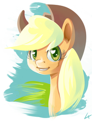 Size: 761x1000 | Tagged: safe, artist:lexx2dot0, applejack, g4, ear fluff, female, portrait, simple background, smiling, solo