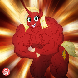 Size: 2400x2400 | Tagged: safe, artist:angel-wing101, oc, oc only, oc:gutsyboom, unicorn, semi-anthro, female, fetish, flexing, high res, muscle fetish, muscles, vein