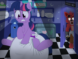 Size: 2000x1500 | Tagged: safe, artist:fillyscoots42, twilight sparkle, fox, pony, unicorn, g4, diaper, diaper fetish, diaper inflation, female, foxy, immobile, impossibly large diaper, inflatable diaper, non-baby in diaper, poofy diaper, super crinkle pony adventure 64, unicorn twilight