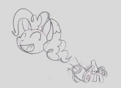 Size: 953x696 | Tagged: safe, artist:airship-king, pinkie pie, pony, ask brainy twilight, g4, cannon, detachable head, disembodied head, eyes closed, female, headcannon, headless, modular, monochrome, open mouth, pinkie being pinkie, sketch, smiling, solo, traditional art, wat