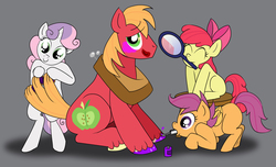 Size: 1383x843 | Tagged: safe, artist:susiebeeca, apple bloom, big macintosh, scootaloo, sweetie belle, earth pony, pony, g4, crossdressing, cutie mark crusaders, hair curlers, hoof polish, lipstick, makeover, makeup, male, mirror, stallion