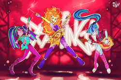 Size: 1290x852 | Tagged: safe, artist:jowyb, adagio dazzle, aria blaze, sonata dusk, equestria girls, g4, my little pony equestria girls: rainbow rocks, guitar, performance, sonataco, stage, stage light, that girl sure loves tacos, that siren sure does love tacos, the dazzlings