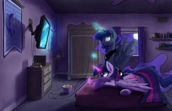 Size: 3000x1941 | Tagged: safe, artist:darkflame75, princess luna, twilight sparkle, alicorn, pony, gamer luna, g4, air vent, bed, book, bookshelf, bowl, chips, closed mouth, controller, curtains, duo, ethereal hair, ethereal mane, ethereal tail, female, flag of equestria, flower pot, frown, full moon, gaming, jewelry, levitation, looking up, lying down, magic, magic aura, mare, moon, night, peytral, playing, prone, shelf, sitting, smiling, snacks, starry night, stars, tail, telekinesis, television, tiara, twilight sparkle (alicorn), underhoof, video game, window