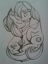 Size: 450x600 | Tagged: source needed, safe, artist:zigragirl, applejack, oc, oc:red flag, pony, g4, canon x oc, female, irc, male, mare, monochrome, pencil drawing, simple background, sleeping, stallion, straight, traditional art