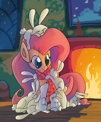 Size: 3000x3600 | Tagged: safe, artist:docwario, angel bunny, fluttershy, pony, rabbit, g4, clothes, fireplace, high res, scarf