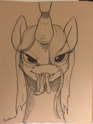 Size: 960x1280 | Tagged: safe, artist:php187, queen chrysalis, twilight sparkle, changeling, changeling queen, pony, unicorn, g4, bust, female, fetish, head first, imminent vore, mare, micro, preylight, traditional art