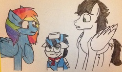 Size: 1190x698 | Tagged: safe, artist:pimpartist101, rainbow dash, soarin', oc, oc:icy storm, g4, clothes, female, hat, male, offspring, old cutie mark, parent:rainbow dash, parent:soarin', parents:soarindash, ship:soarindash, shipping, straight