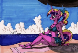 Size: 1280x872 | Tagged: safe, artist:newyorkx3, princess cadance, anthro, plantigrade anthro, g4, alternate hairstyle, anklet, attached skirt, barefoot, beach, belly button, bikini, blue swimsuit, bow, breasts, cleavage, clothes, feet, female, ponytail, sitting, skirt, smiling, solo, swimsuit, teen princess cadance, traditional art