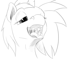 Size: 800x660 | Tagged: safe, artist:php187, dj pon-3, octavia melody, vinyl scratch, earth pony, pony, unicorn, g4, female, fetish, imminent vore, mare, micro, monochrome, mouthplay, tongue out, vinyl pred