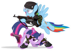 Size: 4000x2861 | Tagged: safe, artist:icaron, rainbow dash, twilight sparkle, alicorn, pony, g4, battletech, crossover, eyepatch, female, glowing horn, gun, helmet, horn, mare, mechwarrior, show accurate, simple background, transparent background, twilight sparkle (alicorn)