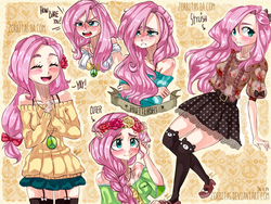 Size: 2000x1500 | Tagged: safe, artist:zorbitas, fluttershy, human, g4, alternate hairstyle, angry, clothes, cute, female, floral head wreath, human coloration, humanized, microskirt, miniskirt, off shoulder, peace symbol, skirt, solo, sweater, sweatershy, thigh highs, thigh socks