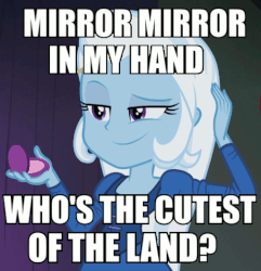 Size: 512x532 | Tagged: safe, edit, edited screencap, screencap, trixie, equestria girls, g4, my little pony equestria girls: rainbow rocks, animated, compact, female, image macro, meme, snow white, snow white and the seven dwarfs, solo