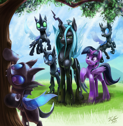 Size: 1000x1021 | Tagged: safe, artist:tsitra360, queen chrysalis, twilight sparkle, alicorn, changeling, changeling queen, nymph, pony, fanfic:changeling the movie, g4, biting, crown, cute, cuteling, fanfic art, fanfic cover, female, grass, happy, jewelry, mare, regalia, tree, twilight sparkle (alicorn)