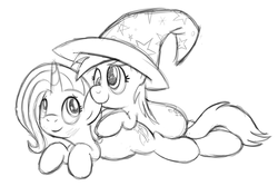 Size: 1800x1200 | Tagged: safe, artist:drawponies, derpy hooves, trixie, pegasus, pony, g4, accessory swap, duo, ear bite, female, lesbian, mare, monochrome, shipping, sketch, tripy