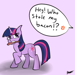 Size: 1024x1024 | Tagged: safe, artist:megajack, twilight sparkle, pony, unicorn, g4, angry, bacon, female, implied human, looking back, mare, mouth hold, omnivore twilight, ponies eating meat, solo, stealing, unicorn twilight