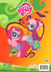 Size: 1200x1678 | Tagged: safe, cheerilee, pinkie pie, bat, earth pony, pony, g4, official, activity book, american flag, bag, barcode, bendon, bipedal, book cover, clothes, costume, cover, crown, duo, duo female, female, halloween, hasbro, hasbro logo, hub logo, logo, mare, mask, my little pony logo, old cutie mark, see-through, skirt, text, wrong cutie mark