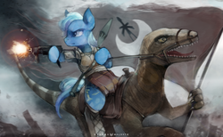 Size: 1400x865 | Tagged: safe, artist:foxinshadow, oc, oc only, crystal pony, dinosaur, pony, velociraptor, badass, commission, epic, gun, parody, rocket launcher, rpg, solo