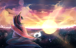 Size: 3000x1900 | Tagged: safe, artist:aquagalaxy, twilight sparkle, alicorn, pony, behind, cover art, fanfic art, female, mare, scenery, sitting, solo, stars, sun, sunset, twilight sparkle (alicorn)