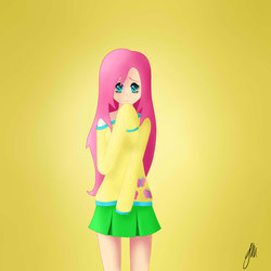 Size: 1024x1024 | Tagged: safe, artist:ivoryrosebush, fluttershy, human, g4, clothes, female, humanized, off shoulder, solo, sweatershy