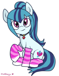 Size: 466x600 | Tagged: safe, artist:moekonya, sonata dusk, earth pony, pony, equestria girls, g4, my little pony equestria girls: rainbow rocks, clothes, disguise, disguised siren, earth pony sonata dusk, equestria girls ponified, female, gem, looking at you, mare, ponified, simple background, siren gem, sitting, socknata, socks, solo, striped socks, transparent background