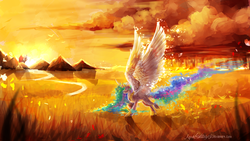 Size: 3000x1687 | Tagged: safe, artist:aquagalaxy, princess celestia, g4, cloud, cloudy, commission, female, field, grass, running, scenery, solo, spread wings, sunset