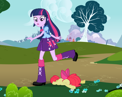 Size: 1600x465 | Tagged: safe, apple bloom, twilight sparkle, equestria girls, g4, humans superior ponies inferior, wat