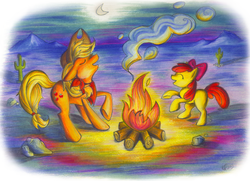 Size: 1518x1099 | Tagged: safe, artist:opallene, apple bloom, applejack, earth pony, pony, g4, apple siblings, cactus, campfire, desert, howling, moon, open mouth, rearing, scenery